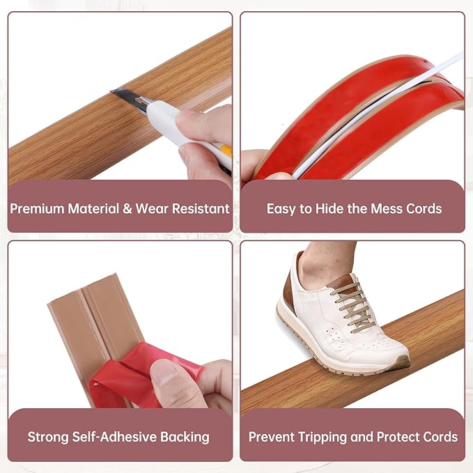 Floor Cord Cover Self Adhesive Cord Hider Floor Extension Cord Covers for Floor Power Cord Protector Cable Management Prevent Cable Trips Cable Cavity 0.51" W x 0.31" H (Light Brown Wood, 3.3Ft)