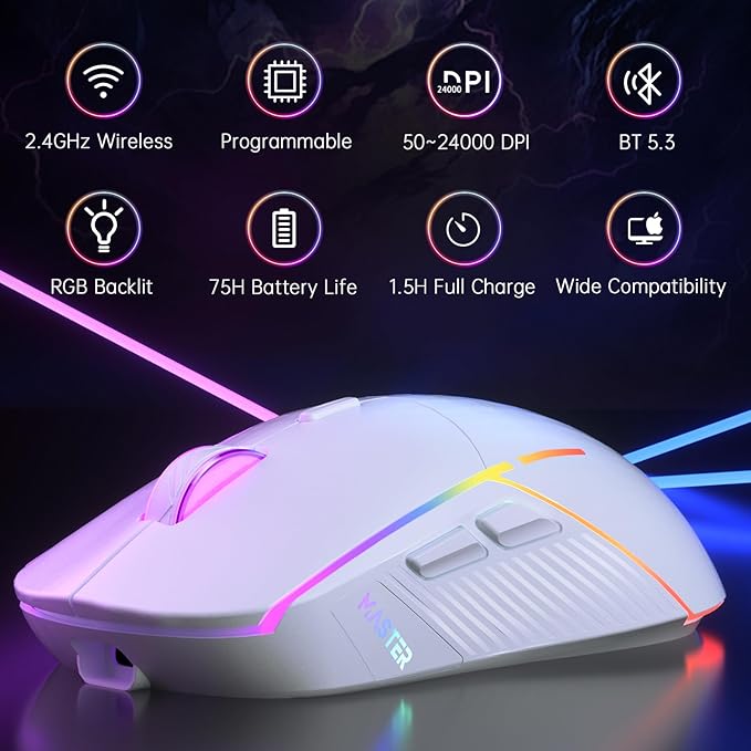 FFJ Wireless Gaming Mouse, 24000 DPI, Tri-Mode 2.4G/USB-C/Bluetooth 5.3 Gaming Mouse Wireless, RGB Programmable Mouse Gamer, 75Hrs Battery Life, Rechargeable Gaming Mice for PC, Mac, PS5, Xbox - White