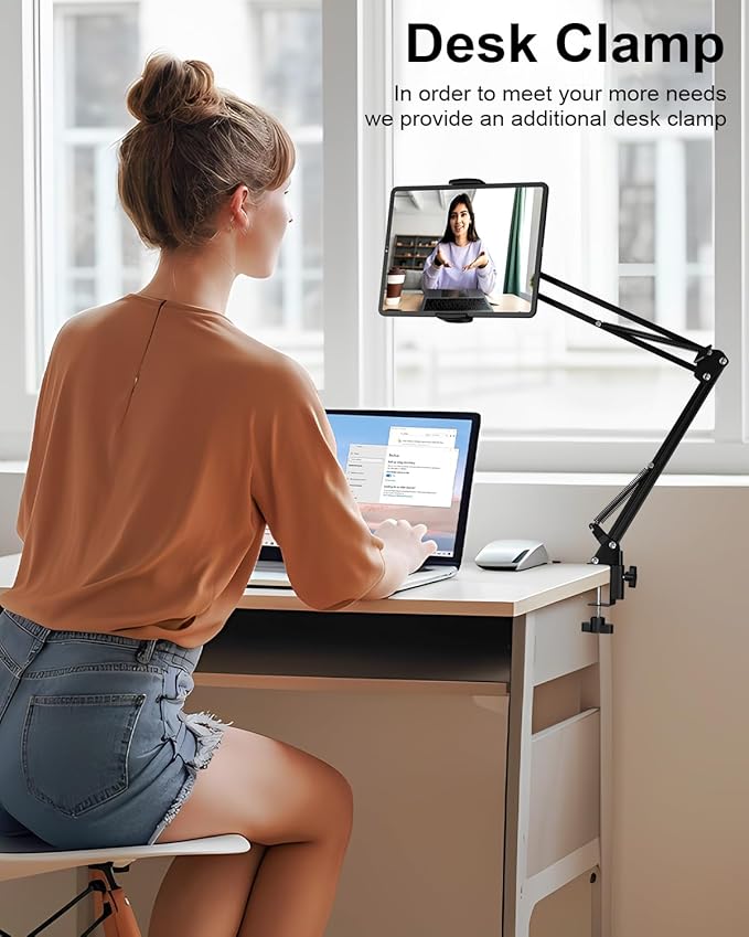 Tablet Floor Stand with 11lb Stable Base & Desk Clamp, Adjustable Height Stretchable Arm Swivel Dual Holder, Compatible with iPhone, iPad Pro Air Mini, Galaxy Tab, Kindle, Phones (4.5''-13'')