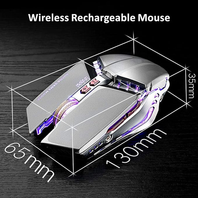 TENMOS T12 Wireless Gaming Mouse Rechargeable, 2.4G Silent Optical Wireless Computer Mice with Changeable LED Light for Laptop PC, 7 Buttons, 3 Adjustable DPI (Silver)