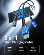 Short Multi Charging Cable 1FT 2Pack 3 in 1 Charger Cord Braided Universal Phone Cords with Lightning/Type C/Micro USB Connectors, Multiple USB Cable for iPhone/Samsung/Google Phones and More