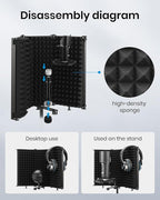 Moukey Microphone Isolation Shield, Foldable Mic Shield with Triple Sound Insulation, Reflection Filter with 3/8" and 5/8" Mic Threaded Mount for Recording Studio, Podcasts, Singing, and Broadcasting