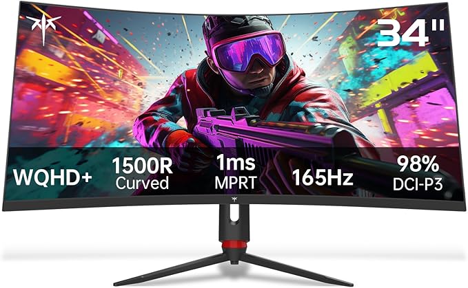 KTC 34 Inch Curved Ultrawide Gaming Monitor, 21:9, 3440x1440p 165Hz 1ms, 1500R Curved Monitor, Freesync G-sync Compatible, HDMI 2.0 x2 & DP1.4 x 2, Height/Tilt/Swivel/Pivot, H34S18S