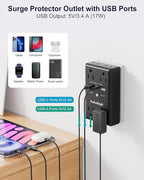 Black Wall Power Strip, 8 Way Outlets with 1680J Surge Protected, Multi Plug Wall Outlet with USB Ports, LED Indicator, 1875W Wall Mounted Surge Protectors for Dorm Room Office Kitchen
