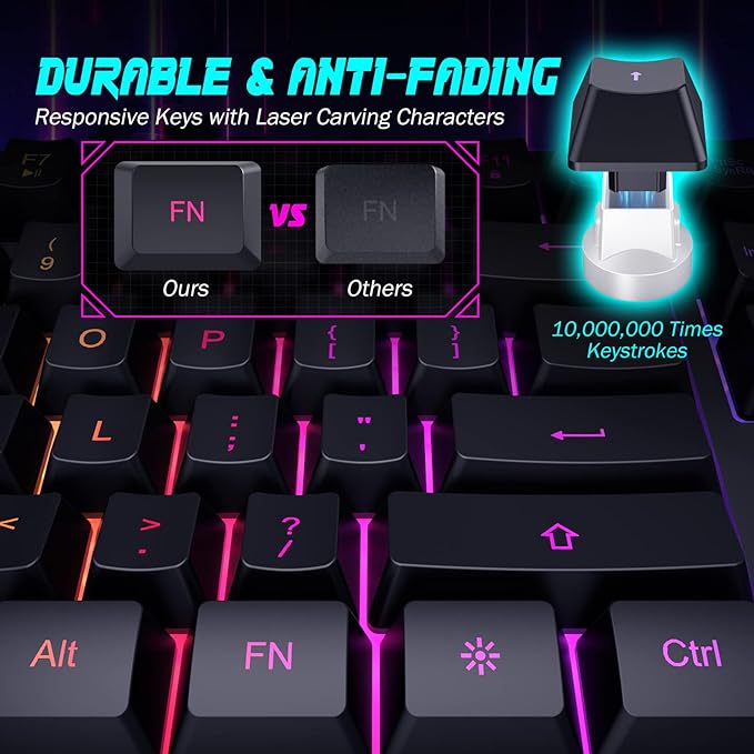 Gaming Keyboard, 7-Color Rainbow LED Backlit, 104 Keys Quiet Light Up Keyboard, Wrist Rest, Whisper Silent, Anti-ghosting Multimedia Keys, Waterproof USB Wired Keyboard for PC Mac Xbox
