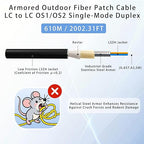 610M/2001FT LC to LC Armored Outdoor Fiber Optic Cable, Single Mode Duplex 9/125μm SMF Fiber Patch Cord, OS1/OS2 Compatible, Black LSZH Jacket, Uniboot Jumper for FTTH, Data Center, Long-Distance Use