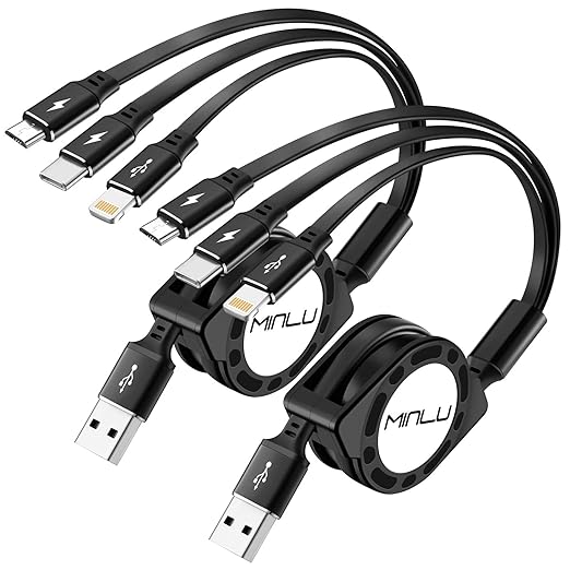 Multi Charging Cable, [2Pack 4Ft] 3 in 1 Retractable Fast Charger Cable Multi Charging Cord USB Cable Adapter with Lightning/Type C/Micro USB Port for Cell Phones/iPhone/Samsung Galaxy/Tablets & More