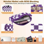 Clip and Go Strap for Phone with Wallet Crossbody, Adjustable Phone Lanyard with Detachable RFID Wristlet Wallet, Phone Strap with Phone Tabs for All Phones, Purple Checkered (L)