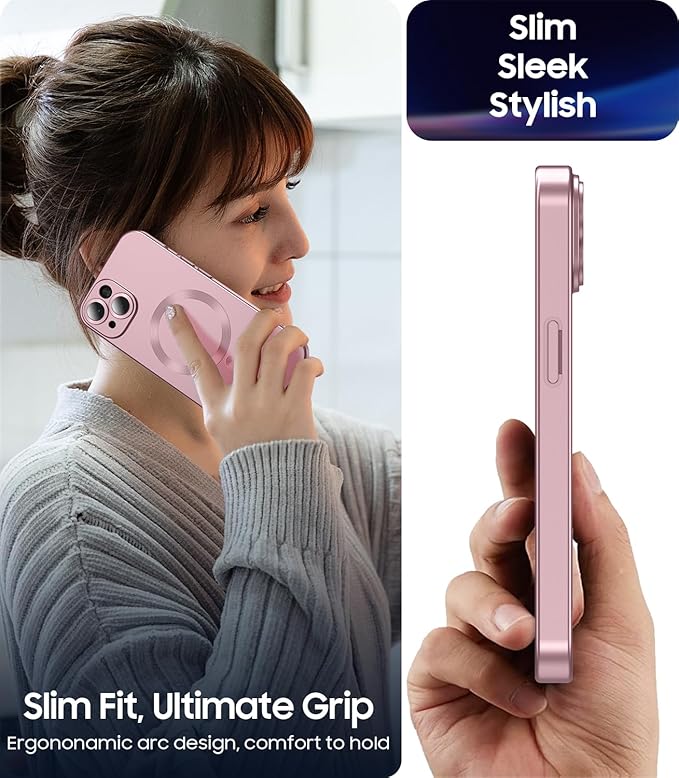 Magnetic for iPhone 15 Case [Compatible with MagSafe][Built-in Camera Lens Protector] Slim Soft Silicone Bumper Shockproof Metallic Shine Phone Case (Rose Gold)