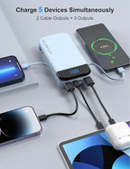 Portable Charger Power Bank 32000mAh with Built in Cables, PD3.0 USB C Fast Phone Charger, 5 Outputs LCD Display Travel Battery Pack Compatible with iPhone, Samsung All Cell Phones (Blue)