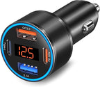 USB C Car Charger, 4-Port 65W Dual 12V USB-A & USB-C Car Phone Charger with Voltmeter PD/QC 3.0 Fast Charging Cigarette Lighter Adapter for iPhone 16e 15 14 13 12 11 Pro Max,Samsung, Android(Black)