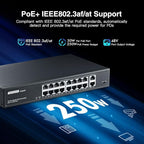 18 Port Gigabit PoE Switch, 16 Ggiabit PoE+, 2 GE Uplink, IEEE802.3af/at Max 250W, YuLinca Unmanaged Plug&Play Desktop Rackmount Ethernet Switch