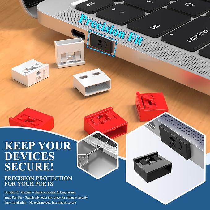 7 PCS USB Port Blockers with 1 Locks for PC, Laptop Removable Type-A Data Protection,Dust & Moisture Resistant Shield（Mixed Colors Packs Svailable for Port Sorting）