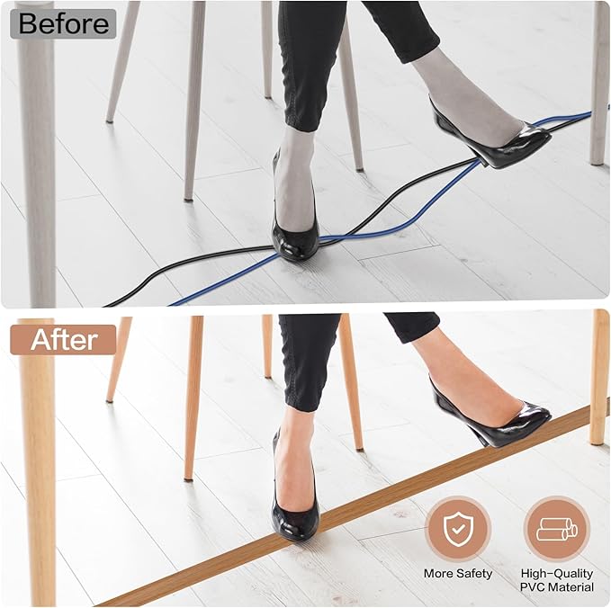 Floor Cord Cover Self Adhesive Cord Hider Floor Extension Cord Covers for Floor Power Cord Protector Cable Management Prevent Cable Trips Cable Cavity 0.51" W x 0.31" H (Light Brown Wood, 3.3Ft)