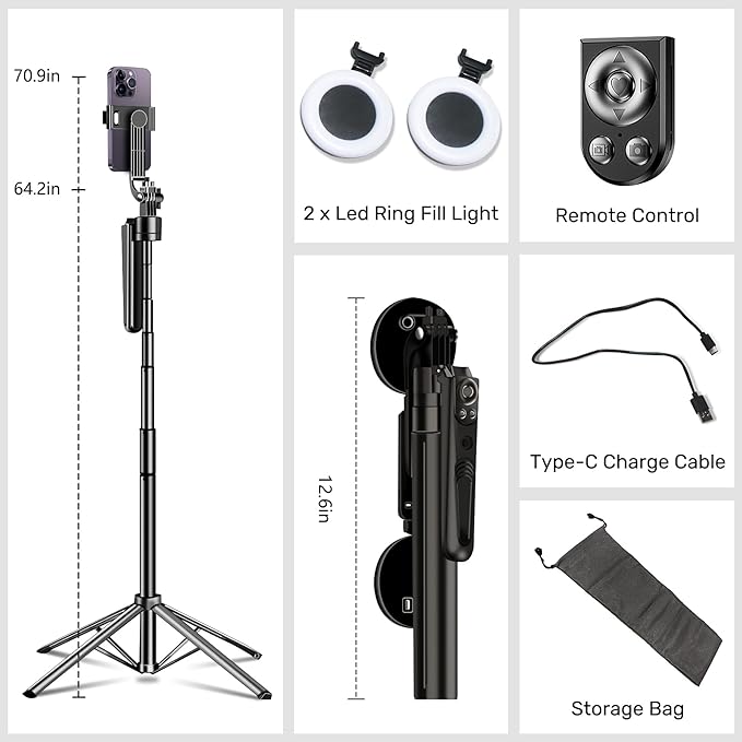 Auto Face Tracking Selfie Stick Tripod for iPhone with Light,360 Rotation That Follows Your Movement,70" Phone Camera Tripod Stand with Remote for Content Creator Vlog Live Stream Video Recording