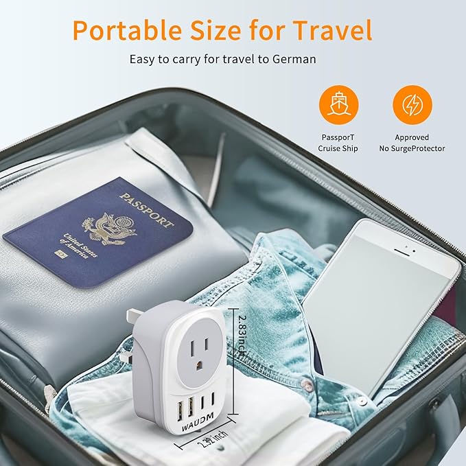 2 Pack Italy Travel Power Adapter, Italy Travel Plug Adapter with 2 USB and 2 USBC Ports, L-Shaped 3-Pin Ground Plug for USA to Italy Uruguay Chile Rome