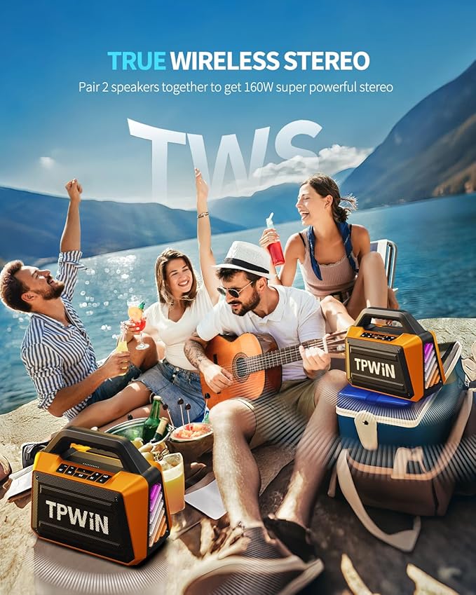 Portable Bluetooth Speaker Wireless - Loud Speakers 80W Peak, 20H Playtime, Light Show, TWS, Deep Bass, BT 5.3, IPX6 Waterproof for Outdoor Travel Camping Beach Pool - Orange
