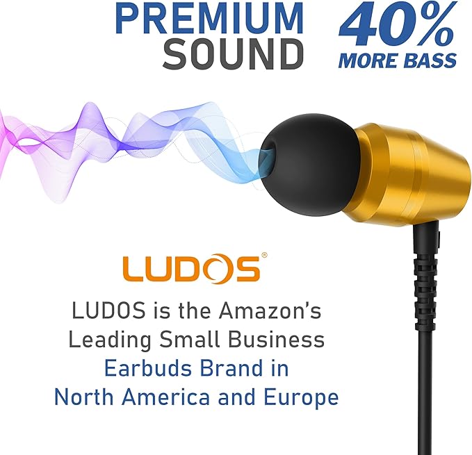 LUDOS OMNITONE Wired Earbuds in-Ear Headphones, 5 Year Warranty, Earphones with Microphone, 3.5 mm Jack Corded Ear Buds, Videoconference for iPhone, Samsung, Laptop, Kids, School Students - Gold