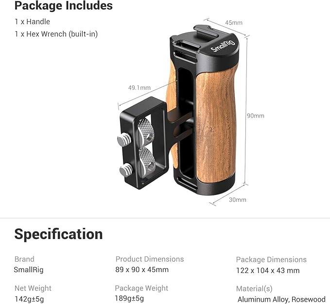 SMALLRIG Wooden Mini Handle Side Handgrip with 1/4"-20 Screws for Mirrorless Digital Camera DSLR Camera Small Camera Cage with Cold Shoe Mount Built-in Wrench, Up and Down Adjustable - 2913