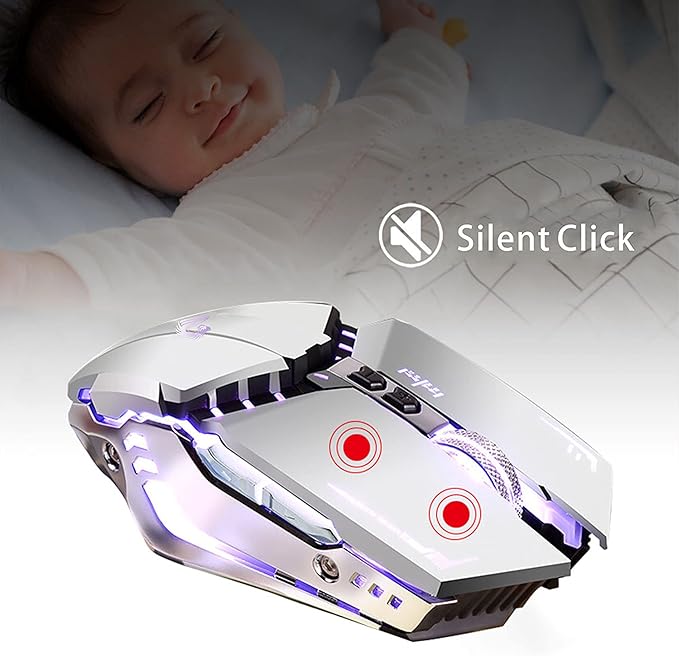 TENMOS T12 Wireless Gaming Mouse Rechargeable, 2.4G Silent Optical Wireless Computer Mice with Changeable LED Light for Laptop PC, 7 Buttons, 3 Adjustable DPI (Silver)