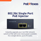 Poe Texas PoE Injector - 802.3bt PoE++ Single Port Power Over Ethernet Injector - Active PoE Adapter with 55V 95W Output - 10/100/1000 Gigabit Data - Mode A/B Wall Mount Plug & Play