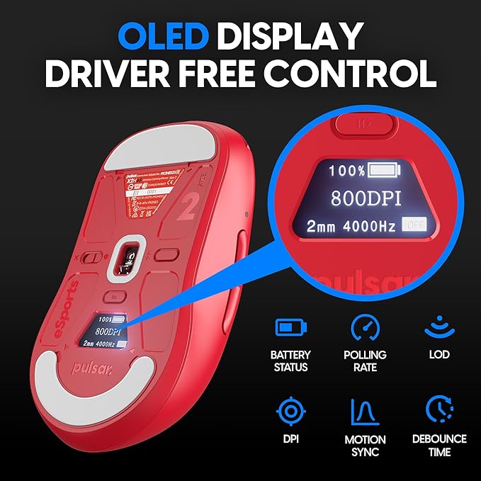 Pulsar Gaming Gears - X2H ES Wireless Gaming Mouse, Limited Edition, Symmetrical, Optical Switch, OLED Display, Driverless, PAW3395 Sensor, 100H Battery, 4K dongle Included (Medium, Red)