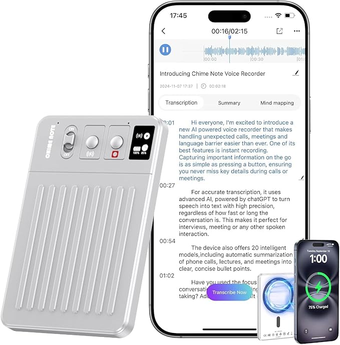 AI Voice Recorder - Voice Recorder w/No Fee for Transcribe & AI Summarize by ChatGPT, APP & Web Control, 121 Languages, 64GB Memory, Wireless Charging,Digital Voice Recorder for Meetings/Calls Silver