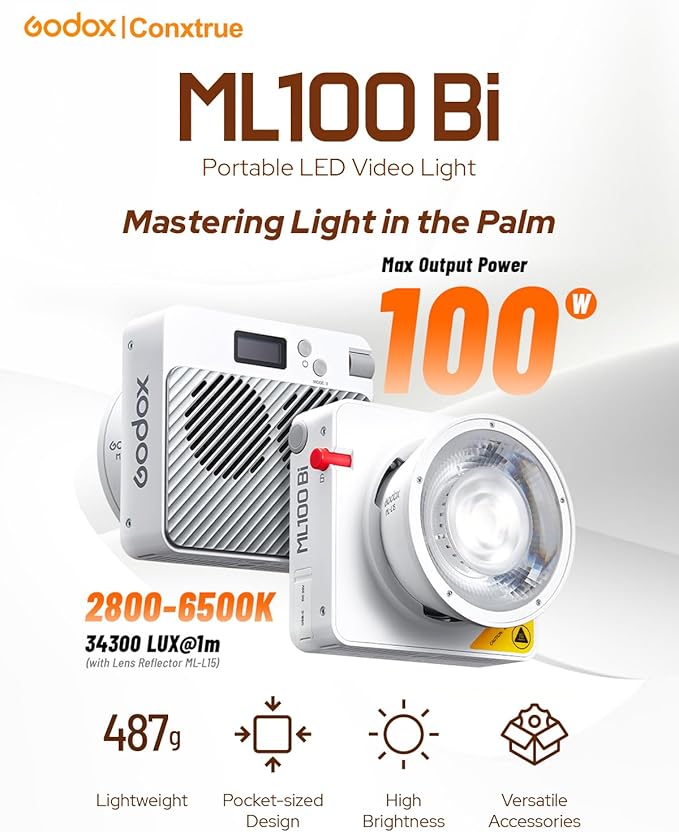 Godox ML100Bi 120W Bi-Color LED Video Light, 2800K-6500K COB Continuous Output Lighting with Reflector, Adapter for Filmmaking, Live Streaming, Video and Studio Photography