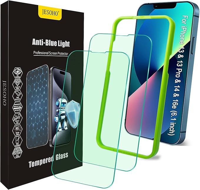 Blue Light Screen Protector for iPhone 16e iPhone 13 iPhone 13 Pro & iPhone 14 (6.1inch), Eye Protection Tempered Glass Film, Scratch-Resistant, No Bubble with Easy Installation Kit, 2 Pack