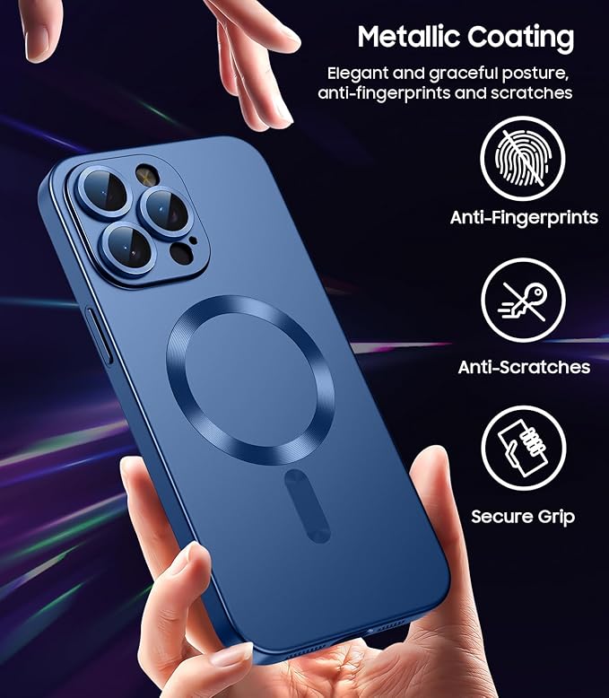 Magnetic for iPhone 15 Pro Case [Compatible with MagSafe][Built-in Camera Lens Protector] Slim Soft Silicone Bumper Shockproof Metallic Shine Phone Case (Blue)