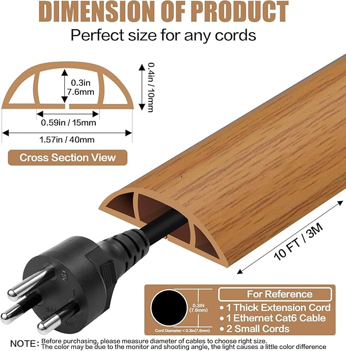 Floor Cord Cover Self Adhesive Cord Hider,10FT Cable Management, Extension Strip Protector for Wires, Prevent Cable Trips for Offices, Gyms, Exhibitions Cavity:0.51"(W) x 0.3"(H) Brown Wood