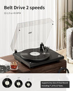 ANGELS HORN High Fidelity Vinyl Record Player, Bluetooth Turntable, 2 Speed Belt Drive, Built-in Preamp, Adjustable Counterweight,Magnetic Cartridge (Black)