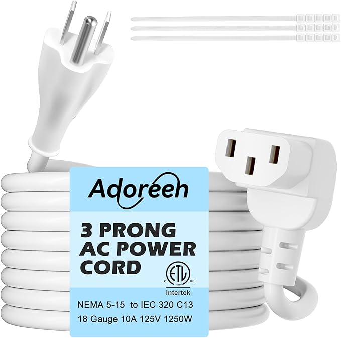 Adoreen 2 Ft Computer TV Replacement Power Cord White, 90 Degree Angled L-Shaped 18AWG 3-Prong AC Universal Power Supply Cable NEMA 5-15P to IEC 320 C13 for Printer, PC, Monitor TV LCD, ETL+Ties