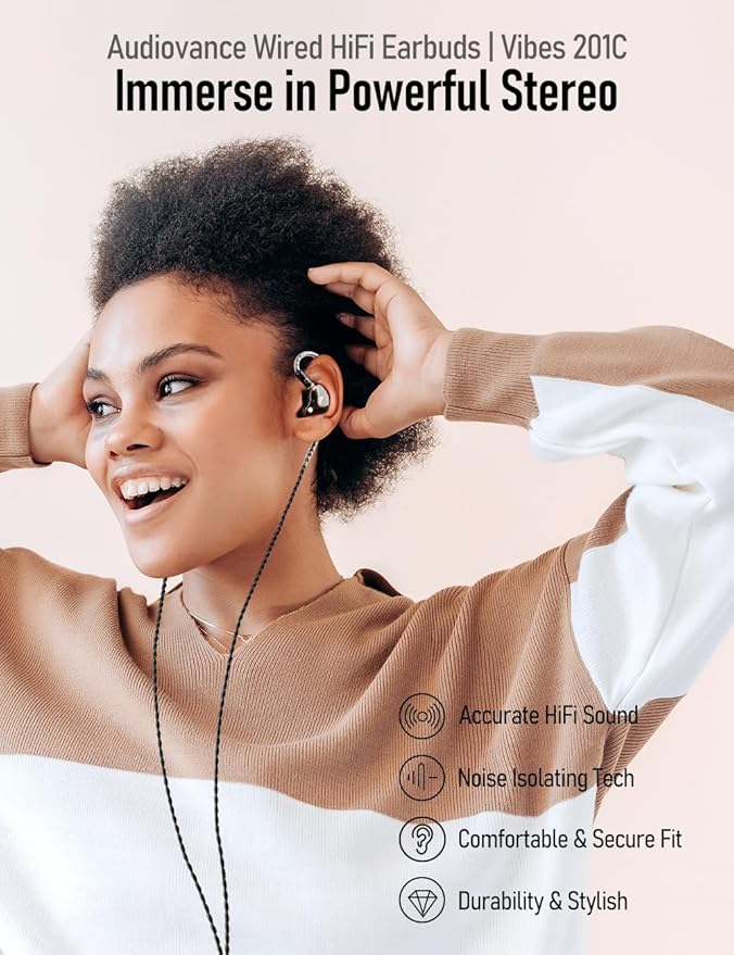 Vibes 201C Wired Earbuds in-Ear Headphones, USB C to 3.5mm Adapter & Braided Cord, Noise Isolating Bass Driven Earphones, Carry Case, Ear Buds Tips, 3.5mm Jack (Clear Brown, No Mic)