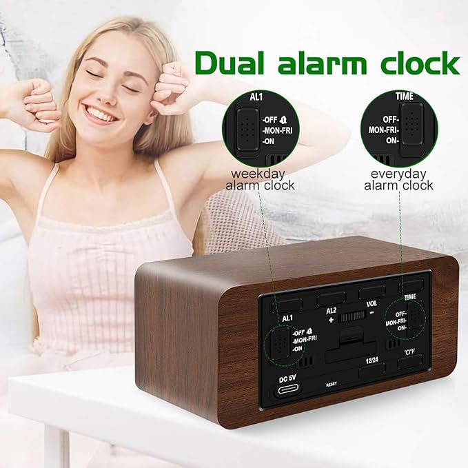 MOSITO Digital Wooden Alarm Clock with Wireless Charging, 0-100% Dimmer, Dual Alarm, Weekday/Weekend Mode, Snooze, Wood LED Clocks for Bedroom, Bedside, Desk, Kids (Brown)