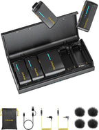 7RYMS iRay DW40 Wireless Lavalier Microphone System with 4 Transmitter, Noise Cancellation, 656ft Range, 12.5H Working, Lapel Mic for iPhone Android Camera PC, Podcast Live Streaming Interview