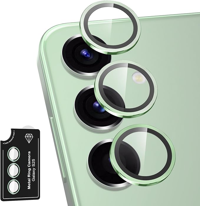 for Samsung Galaxy S25 Camera Lens Protector, Individual Metal Ring Tempered Glass Lens Cover, [Strong Adsorption] Scratch Resistant Ultra-Thin HD Clear Lens Cover, 1 Set-Light Green