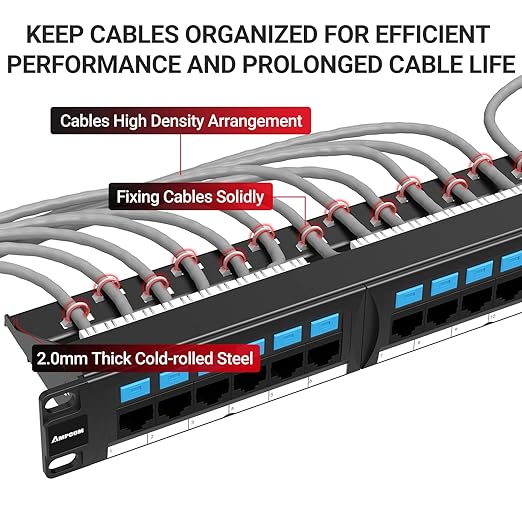 AMPCOM CAT6 24 Ports Patch Panel, Rack Mount - 1U, 19 inch，RJ45 Ethernet 568A 568B, Gold Plated, with Rear Cable Management Bar