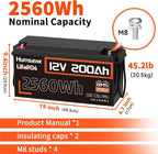 4PACK 12V 200Ah LiFePO4 Battery, Built-in 200A BMS, Rechargeable Deep Cycles DIY Battery, 2560Wh Lithium Battery for Off-Grid and Home Solar System, Marine, Trailer, RV