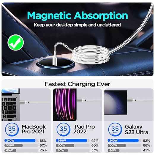 AICase Magnetic Charging Cable, Type C to Type C (3.3 FT) Super Organized Charging Magnetic Absorption Nano Data Cable for Samsung S23/S22/S21/S20 Ultra, MacBook Pro/Air, iPad Pro 12.9 11 Air Mini