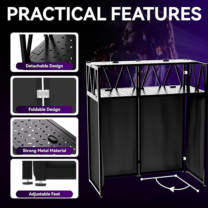 DJ Table Stand Portable booth Double Deck, Foldable DJ Stand Booth, Heavy-Duty Adjustable Height DJ Facade Booth, Easy to Assemble, Stylish, Convenient to Store and Transpor