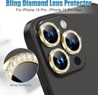 AGVEE 3+3 6 Pack for iPhone 15 Pro/Pro Max, Bling Diamond & Glitter Metal Ring 9H Tempered HD Glass Camera Protector Cover Film, Gold