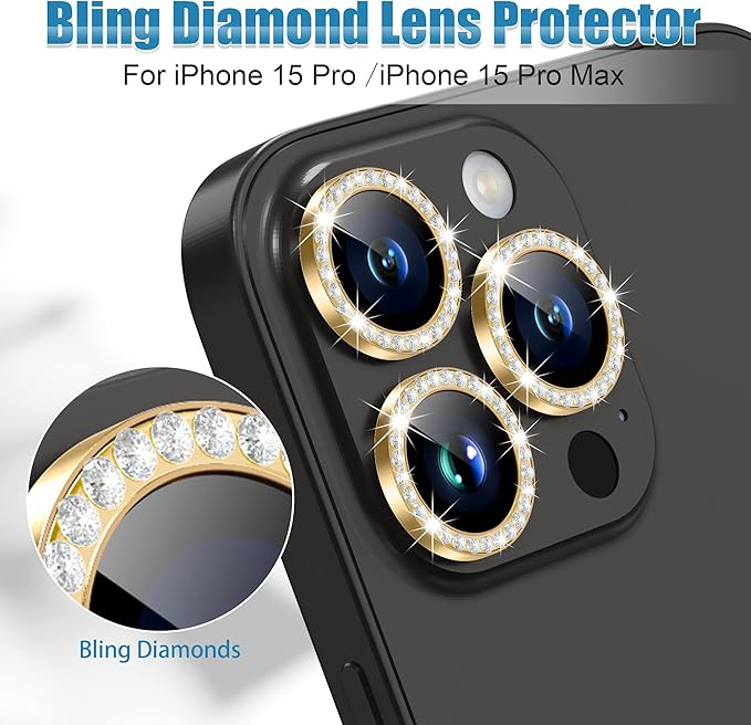 AGVEE 3+3 6 Pack for iPhone 15 Pro/Pro Max, Bling Diamond & Glitter Metal Ring 9H Tempered HD Glass Camera Protector Cover Film, Gold