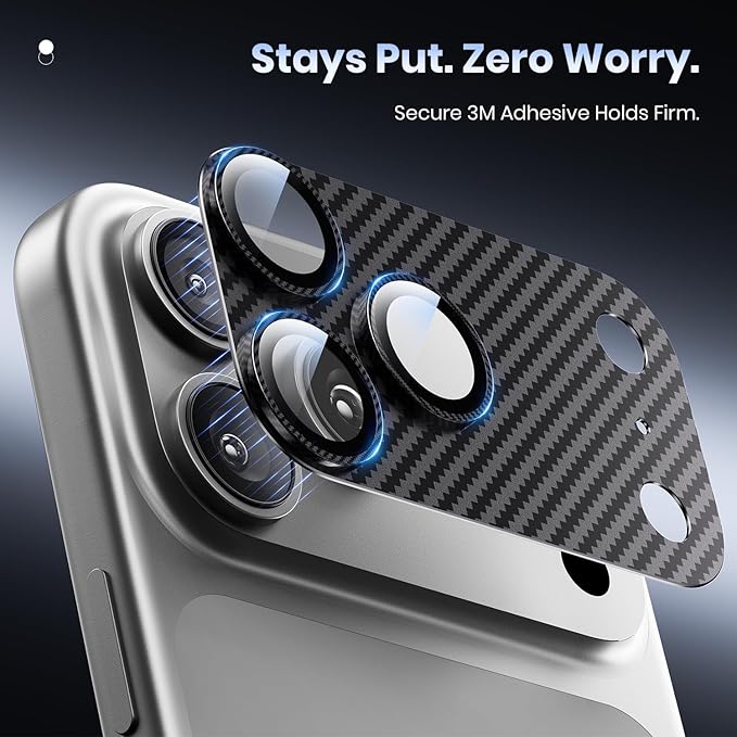 Hoerrye for iPhone 17 Pro Camera Lens Protector - [12FT Shatterproof Military Grade] [Strong Adsorption] Metal Top 9H+ Tempered Glass Camera Screen Full Cover Case Friendly,Carbon Fiber