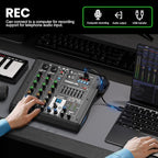 4 Channel Audio Interface DJ Mixer with 99 DSP Reverb Delay Effect USB Audio Interface +48V Phantom Bluetooth for Karaoke Studio Streaming Recording,Live Broadcasting,Podcasting