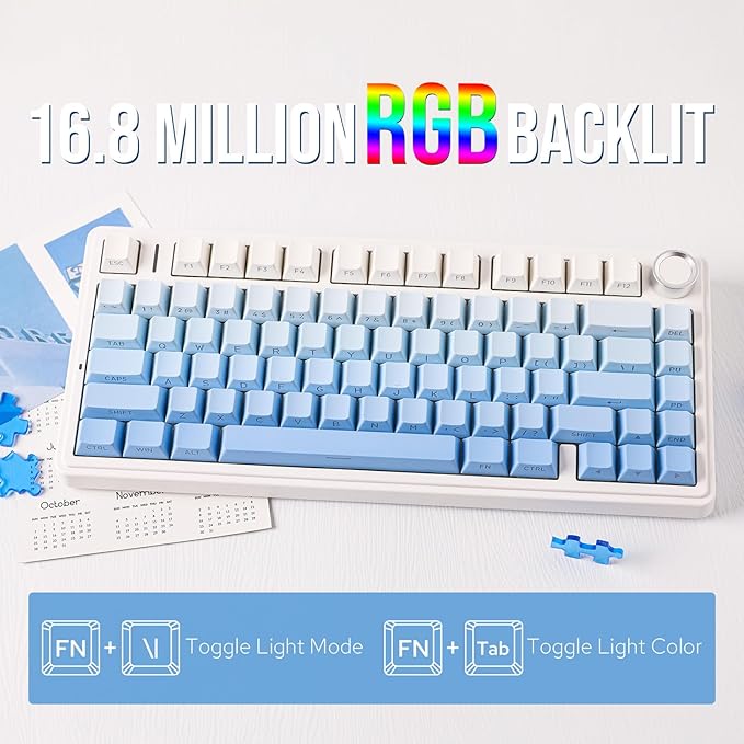 EPOMAKER x Aula F75 Gasket Mechanical Keyboard, 75% Wireless Hot Swappable Gaming Keyboard with Five-Layer Padding&Knob, Bluetooth/2.4GHz/USB-C, RGB (Blue Gradient, LEOBOG Reaper Switch)