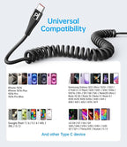 PRAKIE Coiled USB C Cable Fast Charging for Car 3FT/5FT, USB A to USB C Cable, Type C Charge Cord USB-C Charging Cable Compatible with iPhone 16/15/Samsung Galaxy S20 and More USB C Devices-Black