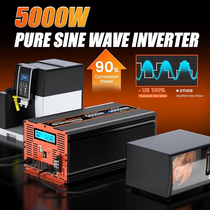 5000 Watt Pure Sine Wave Power Inverter 12V DC to 110V 120V Converter for Family RV Off Grid Solar System Car with Type-C Ports 4 AC Power Outlets Dual USB Ports LCD Display and Remote Control