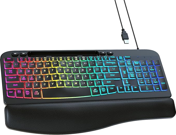 Ergonomic Backlit Keyboard with Wrist Rest, 7 Colors USB Wired Computer Keyboard, Wave Keys, with Phone/Tablet Holder, Comfortable Lighted Keyboard for PC, Windows and Mac