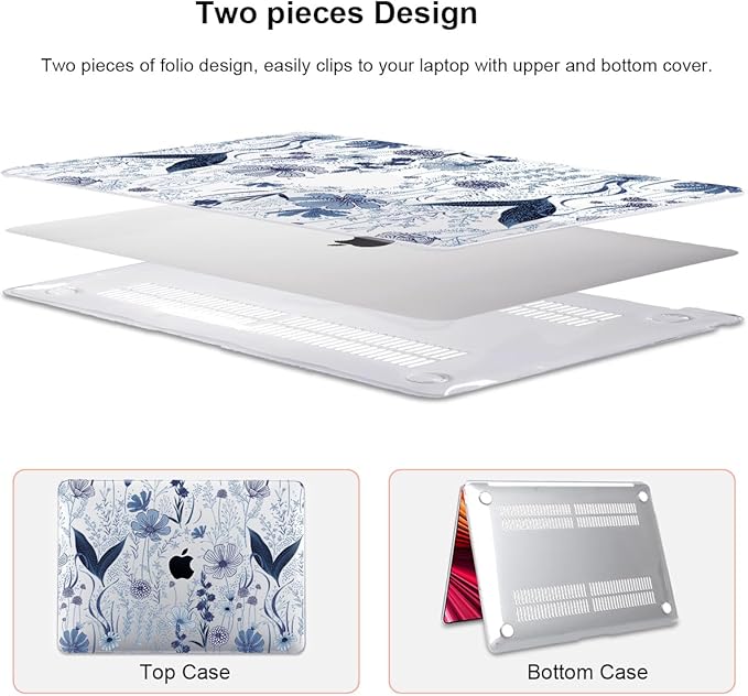 Compatible with 2018 2019 2020 2021 MacBook Air 13 inch Case M1 A2337 A2179 A1932, Clear Printed Pattern Hard Shell Case & Keyboard Cover for Mac Air 13 M1 Touch ID, Navy Blue Wild Flowers